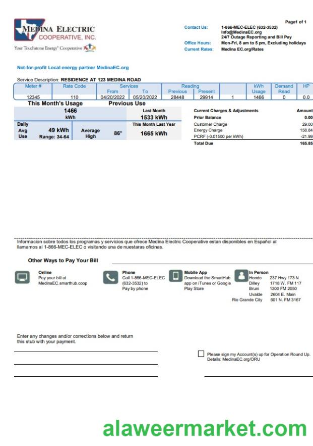 USA Texas Medina Electric utility bill template in Word and PDF format